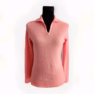 Peck & Peck 100% cashmere Neon Coral V neck Collared Long Sleeve sweater Small
